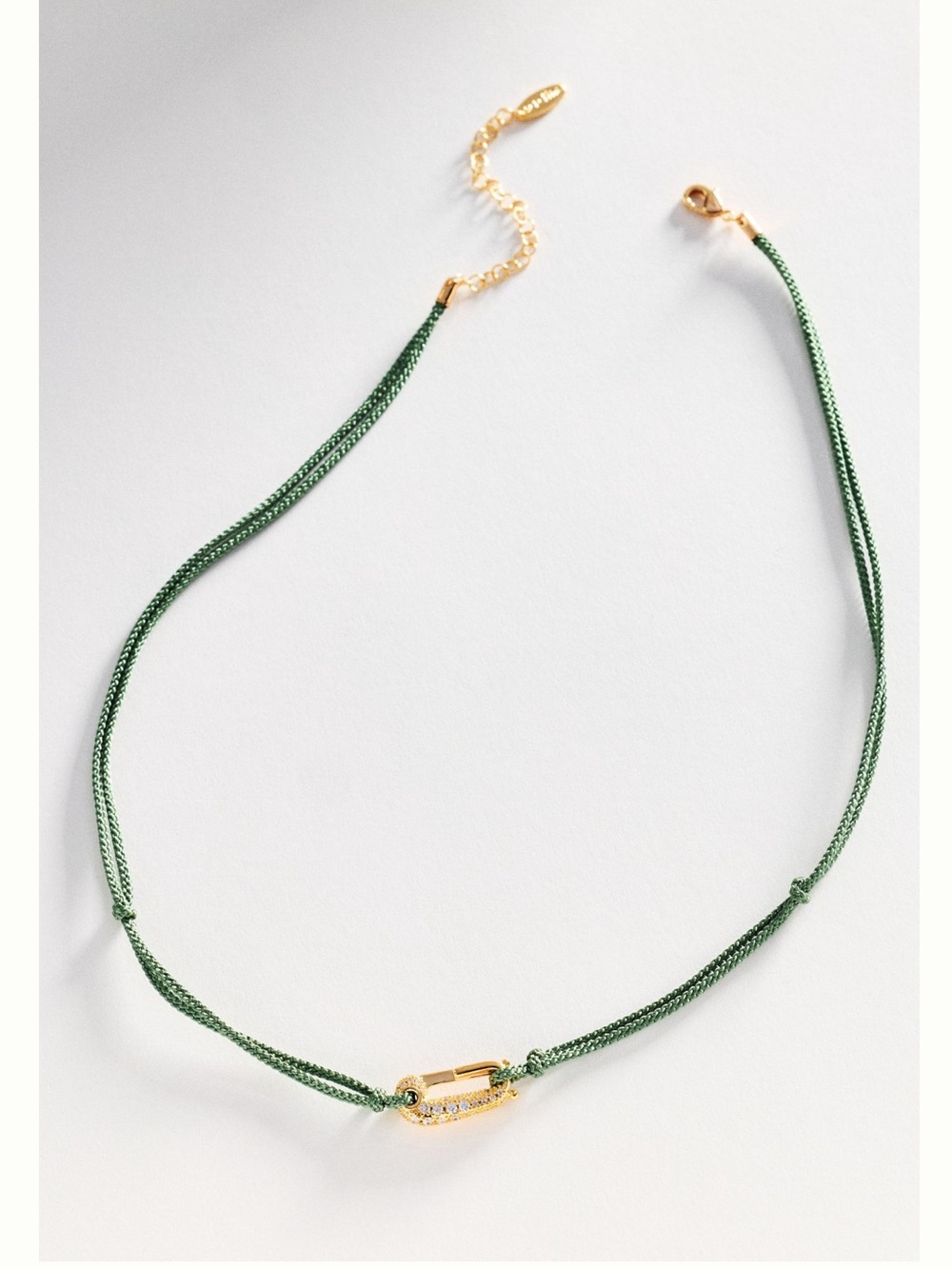 Anthropologie Corded Carabiner Necklace 14KT Gold Plated Crystal New Green NWT